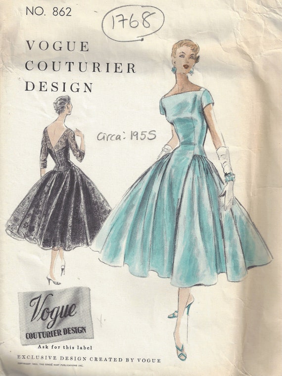 strapless open back dress Vogue 7966: 1950s Uncut Misses Button Front Dress 32 B Vintage Sewing –  Vintage4me2 main image 0