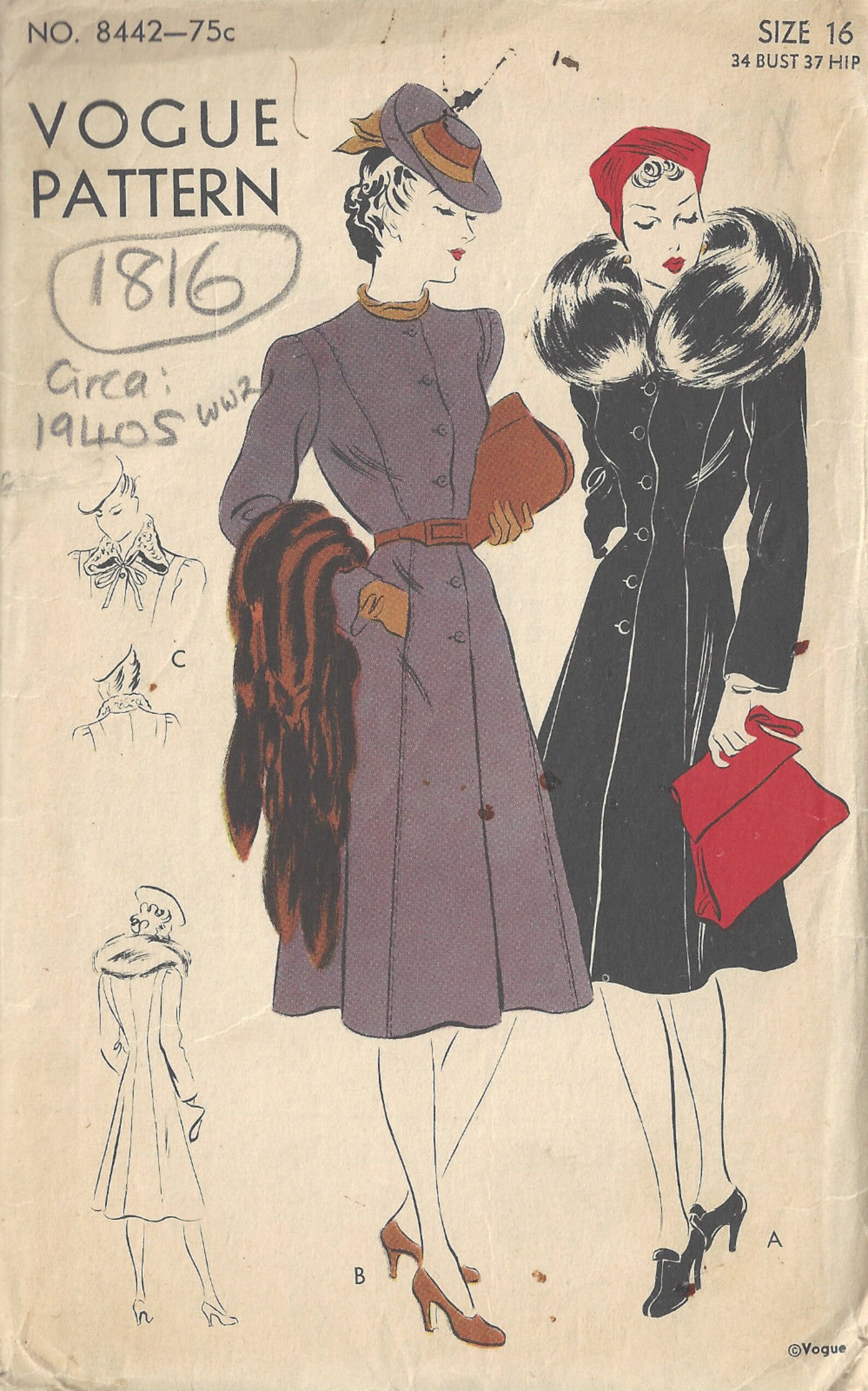 Patron De Couture Vogue 1943 - Modèle B30 Manteau Vintage - Édition Années 40