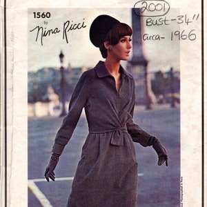 1966 Vintage VOGUE Sewing Pattern B34″ DRESS (2001) Nina Ricci VOGUE 1560