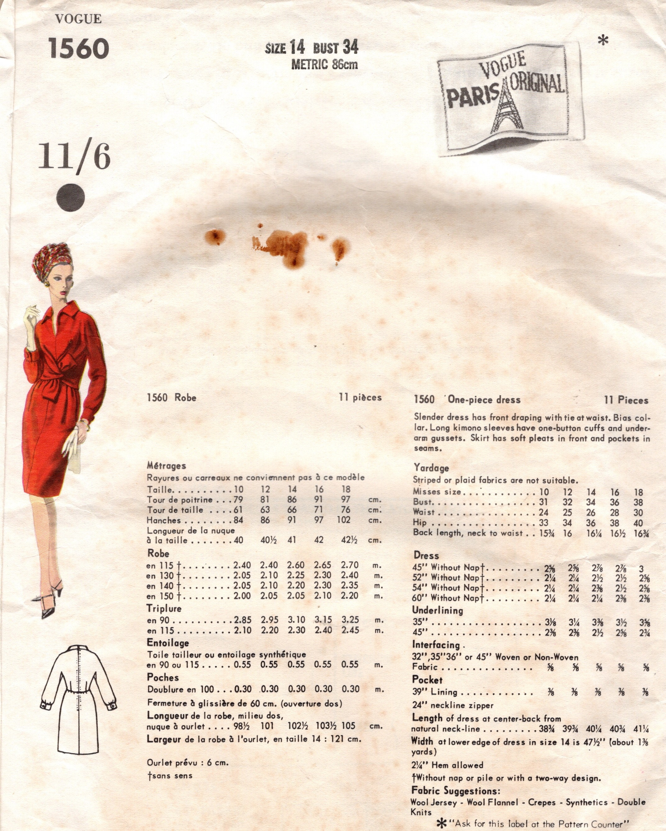 1966 Vintage VOGUE Sewing Pattern B34″ DRESS (2001) Nina