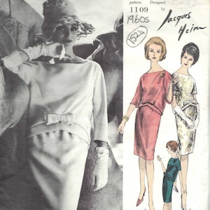 May include: A vintage sewing pattern for a dress, featuring a woman wearing a white dress with a bow, a woman wearing a pink dress with a bow, and a woman wearing a floral print dress. The pattern is from Vogue Paris Original, designed by Jacques Heim, pattern number 1109, 1960s.