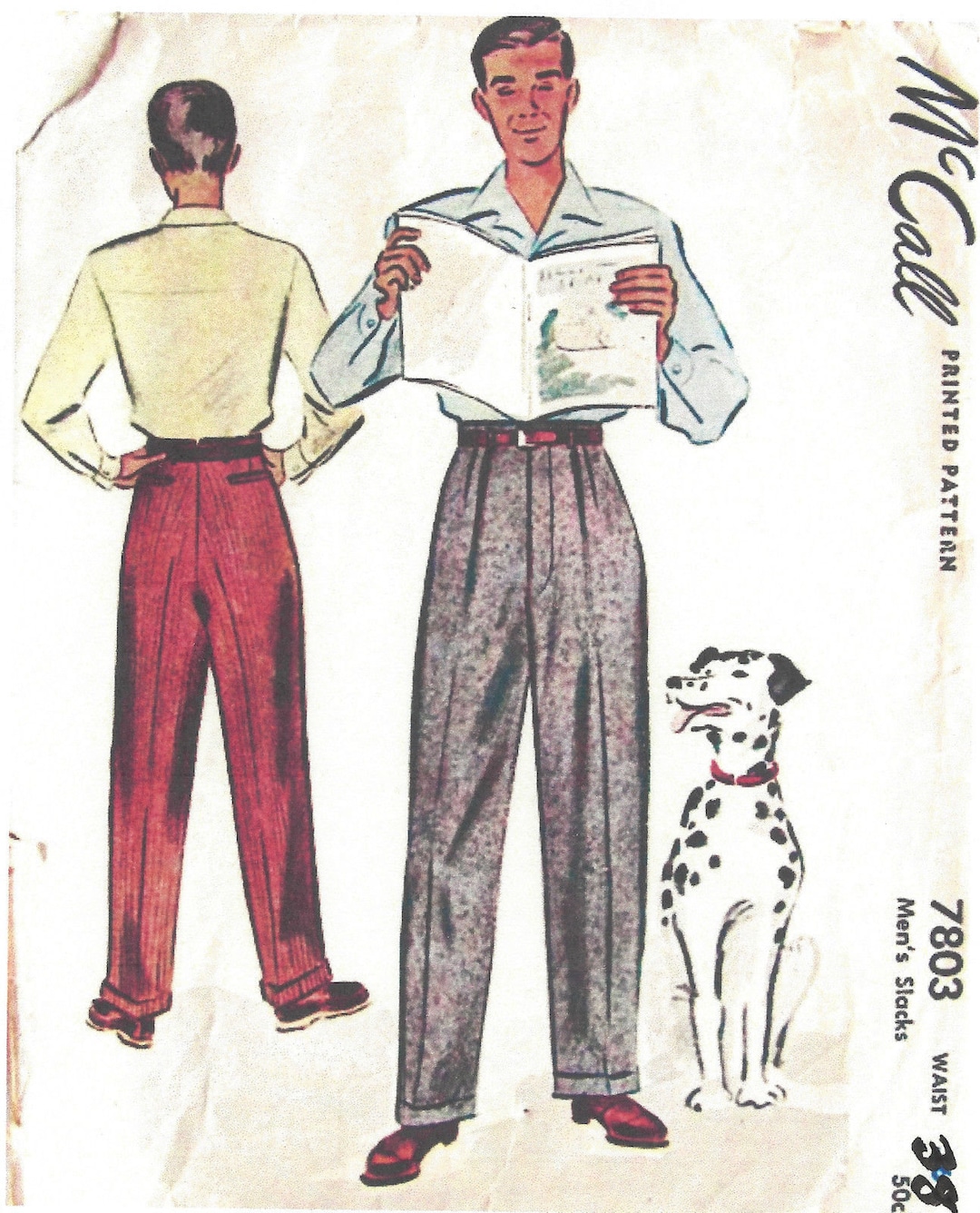 1940s WW2 Vintage Sewing Pattern Waist 38″ MENS PANTS TROUSERS