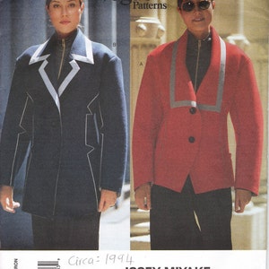 May include: Vogue Patterns sewing pattern for a jacket designed by Issey Miyake. The pattern is for sizes 14-16-18 and is circa 1994. The pattern shows two different versions of the jacket, one in black and one in red.