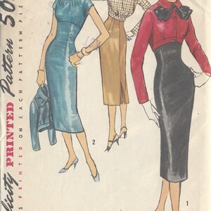 May include: A vintage sewing pattern for a dress with a fitted bodice and a skirt. The pattern is printed on a white background with black text and illustrations. The text includes "Simplicity Printed Pattern 50c", "Details Printed on Each Pattern Piece", "Size 16", and "Bust 36".