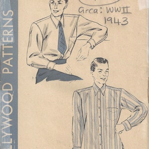 1943 WW2 Vintage Sewing Pattern Size:14 1/2&quot; MENS SHIRT (1780) By Hollywood 486