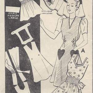 Puede incluir: Un patrón de costura vintage para un vestido y un delantal. El patrón incluye un vestido con cuello en V y un bolsillo en forma de corazón, y un delantal con estampado floral. El patrón está etiquetado como "3059" e incluye instrucciones para las tallas pequeña, mediana y grande. El patrón también incluye una aplicación.