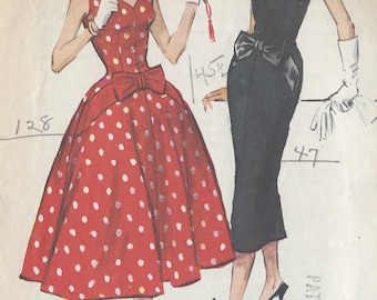 May include: A vintage sewing pattern featuring two women's dress designs. The first dress is red with white polka dots and a large red bow at the waist. The second dress is black with a black bow at the waist. The pattern numbers are 128 and 452.