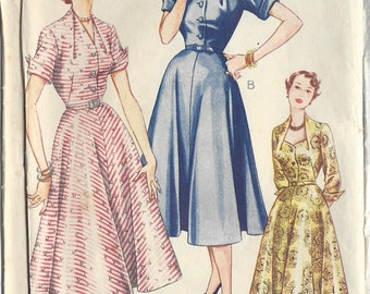 May include: Vintage sewing pattern for a dress, featuring three women wearing different styles of dresses. The pattern is labeled "Economy Design" and "No. E 49, Size 208 1/9, Early 1950s".