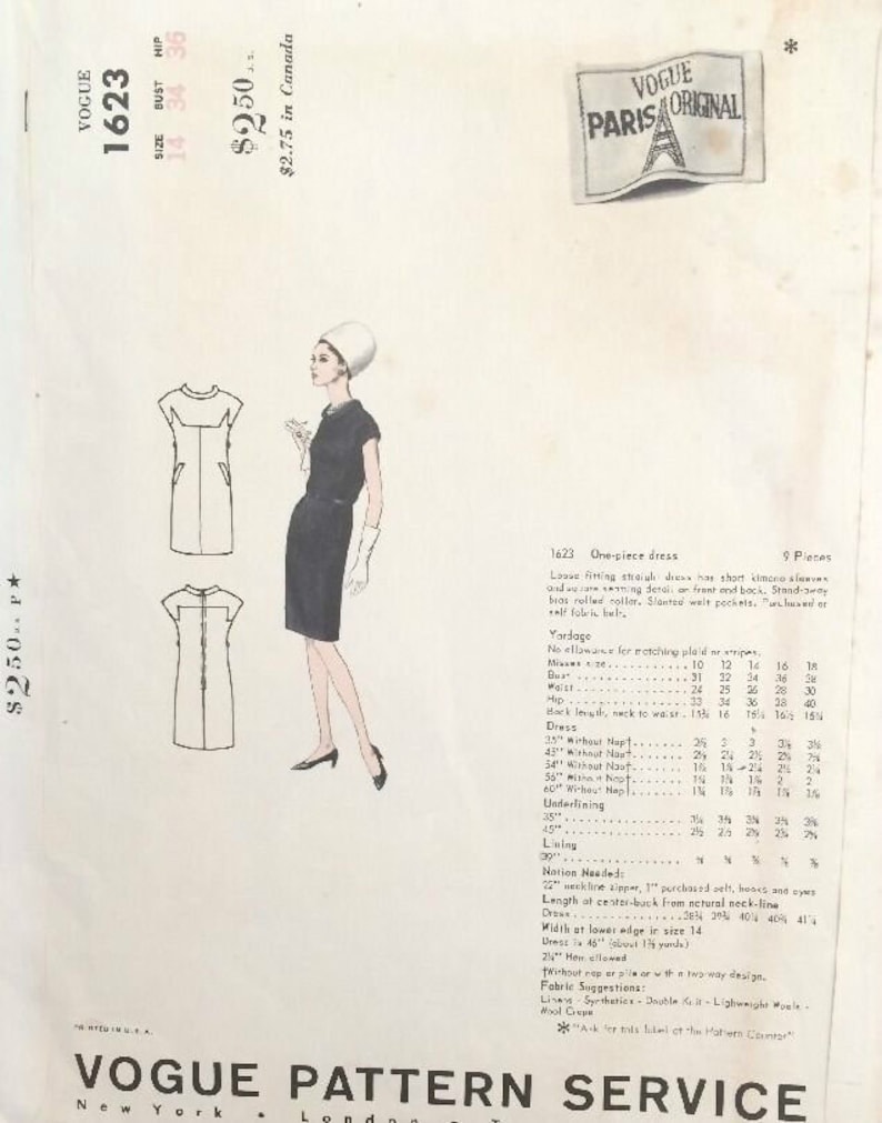 Patron De Couture Vogue 1560 Robe Nina Ricci Vintage 1966 - Motif B34, Pièces Non Découpées