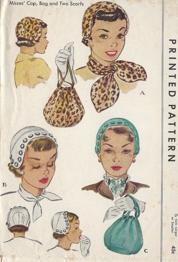 1950 Vintage Sewing Pattern S22 CAP, BAG & SCARFS (R821
