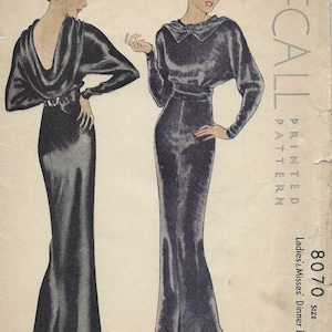May include: Vintage McCall's sewing pattern for a ladies' dinner dress. The pattern is for size 16 and is for a dress with a fitted bodice and a full skirt. The pattern is printed on a white background with black text. The pattern number is 8070.