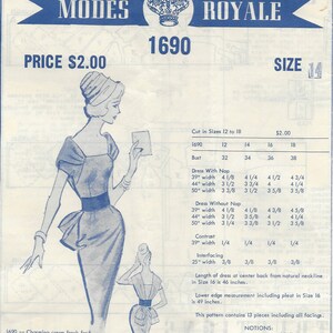 May include: A vintage sewing pattern for a dress with a draped collar and a midriff belt. The pattern is for sizes 12 to 18 and includes instructions for making the dress. The pattern is from Modes Royale and is number 1690. The price is $2.00.