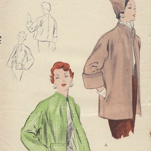 Könnte beinhalten: Ein Vintage-Schnittmuster von Vogue für eine Jacke. Das Schnittmuster ist für eine Jacke mit Kragen und Taschen. Das Schnittmuster ist für die Größen 30 Brust und 33 Hüfte. Das Schnittmuster ist aus dem Jahr 1953.