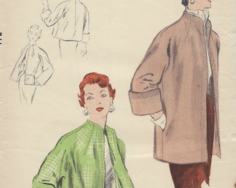 May include: A vintage Vogue sewing pattern for a jacket. The pattern is for a jacket with a collar and pockets. The pattern is for sizes 30 bust and 33 hips. The pattern is from 1953.