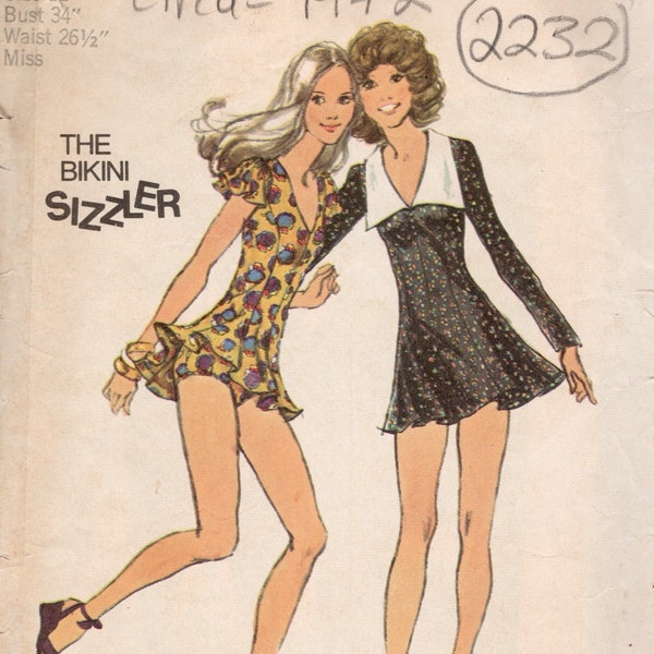 1972 Vintage Sewing Pattern B34″ DRESS Detachable Collar BIKINI PANTS (2232) Simplicity 5237