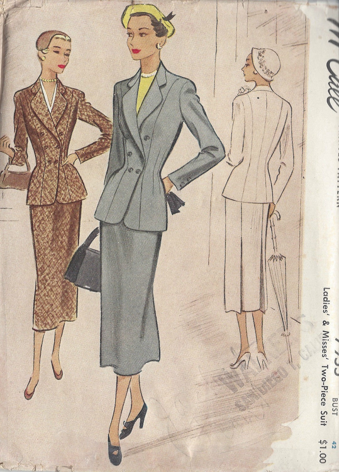 1950 Vintage Sewing Pattern B42 SUIT-SKIRT & JACKET (R782