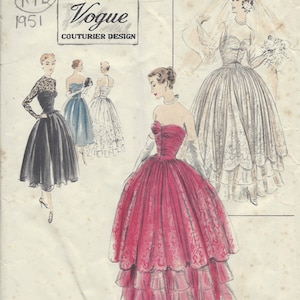 1951 Vintage VOGUE Patrón de costura B34 Noche y VESTIDO DE NOVIA (R972) Vogue 601