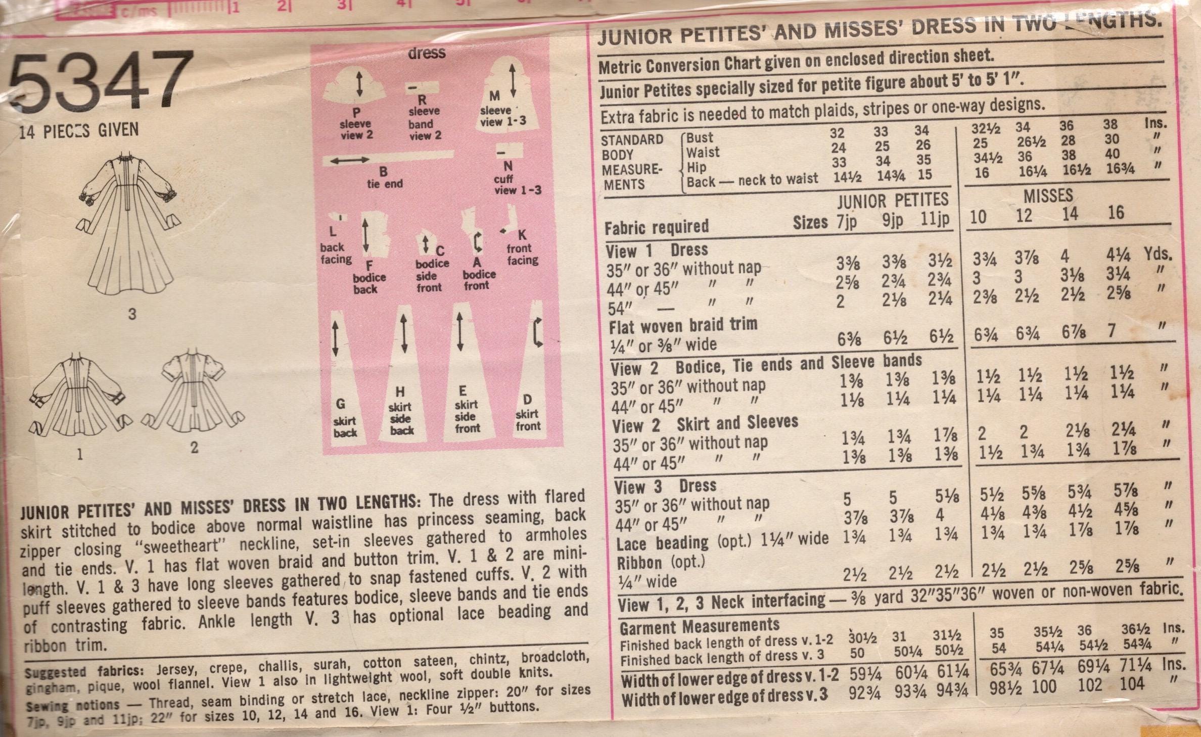 Simplicity Pattern 5347 1972 Vintage Sewing Pattern B38