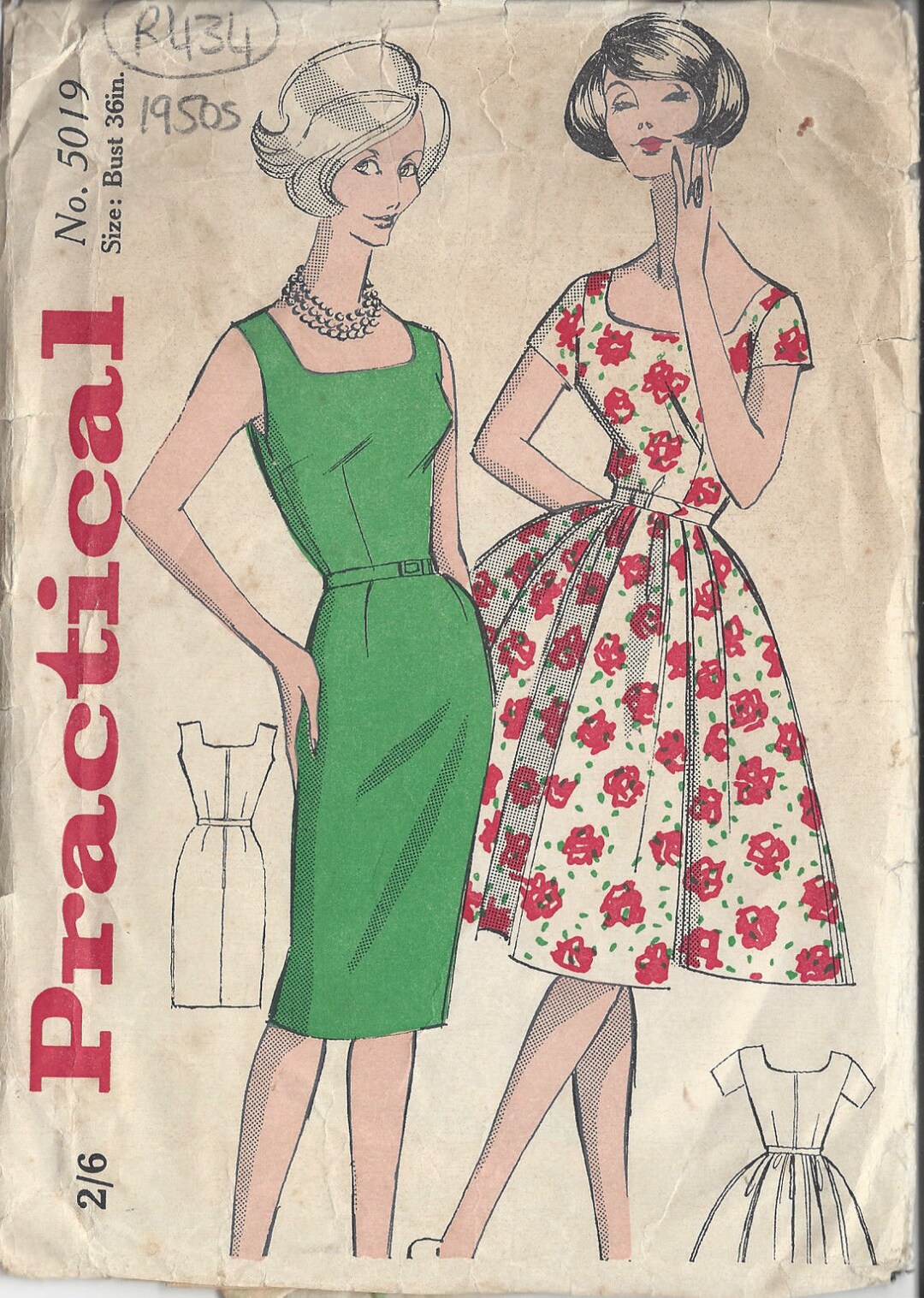 1950s Vintage Sewing Pattern DRESS B36\, image size:1080x1517