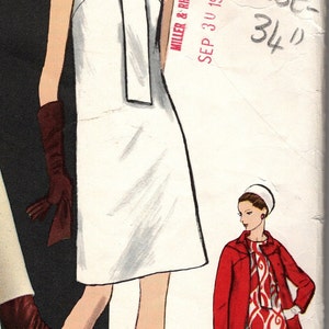 May include: A vintage fashion illustration of two women wearing dresses. The woman on the left is wearing a white dress with a geometric design and brown gloves. The woman on the right is wearing a red coat over a white and red patterned dress. The illustration is from a vintage pattern from Miller & Rhoads, dated September 30, 1967. The text "Forquet of Italy Circa-1967 2022 Bust-34" is written on the page.