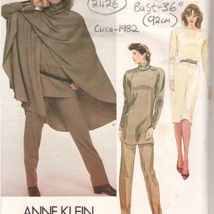 May include: Vintage Anne Klein sewing pattern from Very Easy Vogue, featuring a cape, trousers, and tunic. The bust size is 92cm (36 inches). The pattern is from 1982. The pattern number is 2817.