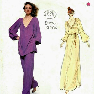 May include: A vintage sewing pattern from Vogue Paris Original, featuring two designs. The first design is a purple trouser suit with a V-neck top and long sleeves. The second design is a long, cream-coloured dress with a V-neck and long sleeves. The pattern is labelled "1884 Circa 1970s" and "Givenchy 1965".