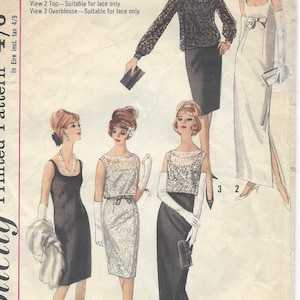 May include: A vintage sewing pattern for a dress with three different views. The pattern is for a lace dress and includes a top and an overblouse. The pattern is from 1964 and is numbered 698.