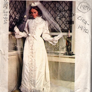 May include: A vintage wedding dress pattern from Vogue Couturier Design, pattern number 2349. The dress is a long, white gown with a high neckline, long sleeves, and a button-up front. The dress has a lace trim at the hem and cuffs. The pattern is dated circa 1970.