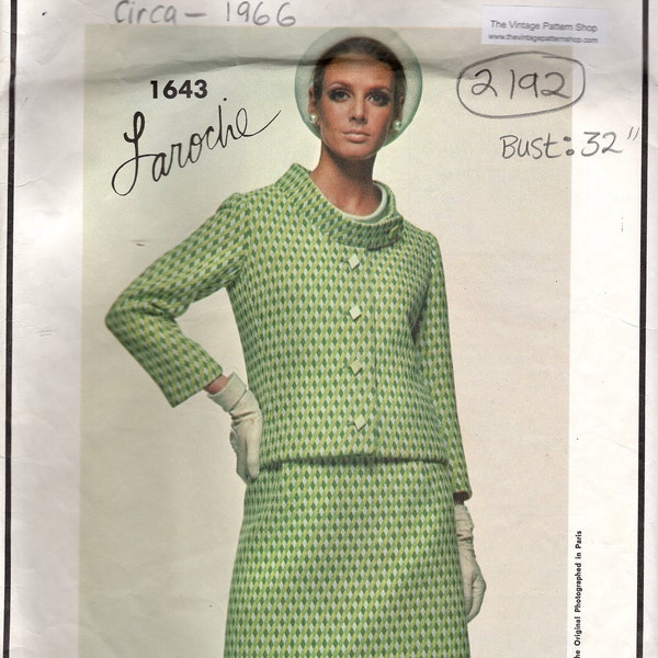 1966 Vintage VOGUE Sewing Pattern B32″ Suit & Blouse (2192)  By Guy Laroche  Vogue 1643