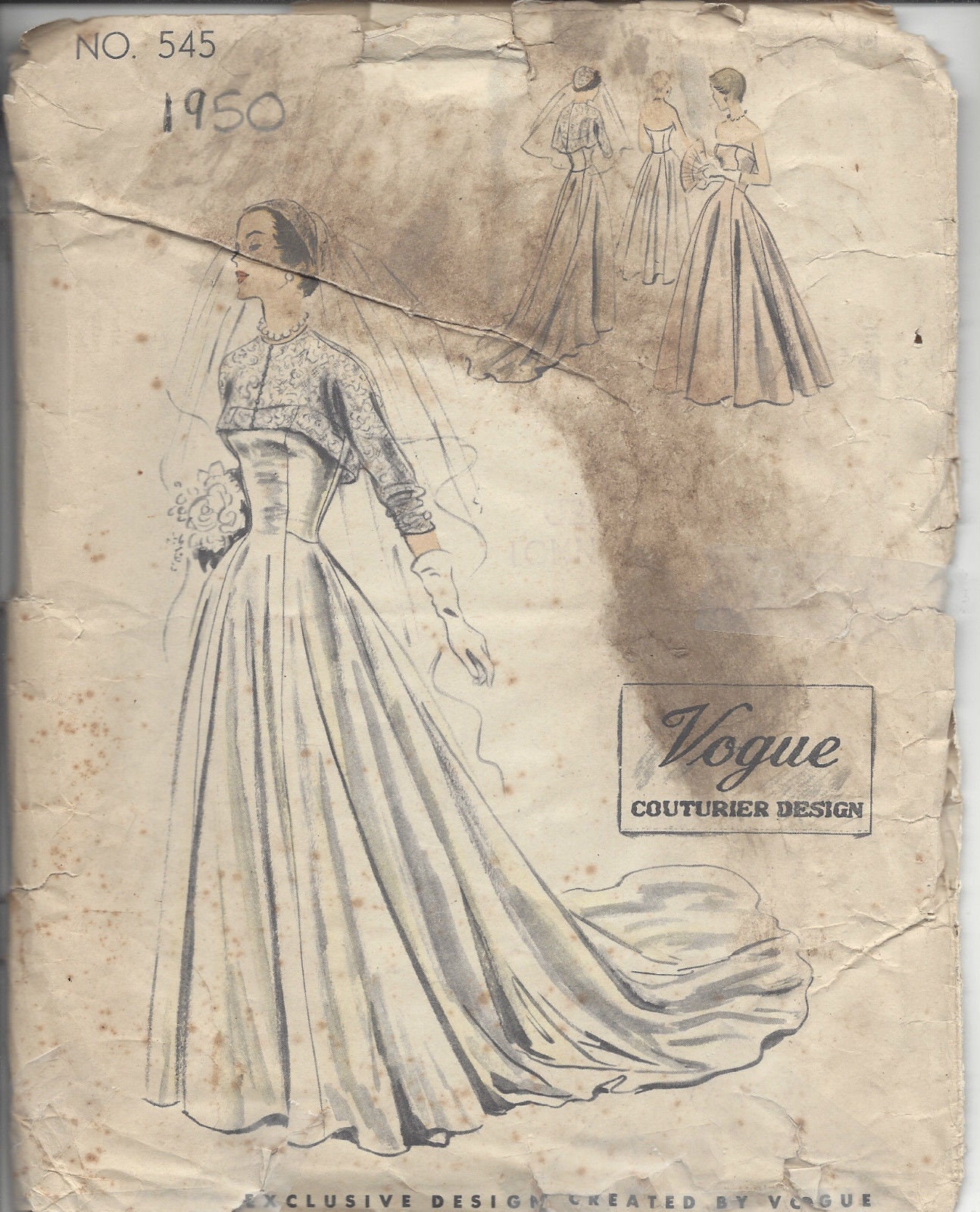 1950 Vintage VOGUE Sewing Pattern B36″ Bridal, Evening DRESS & BOLERO (R767)  Vogue 545
