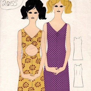 May include: Vintage sewing pattern for a sleeveless dress with a scoop neck. The pattern is from the 1960s and is for size 14, bust 34 inches. The pattern includes two different styles of dresses, one with a yellow floral print and the other with a purple polka dot print.