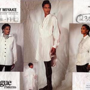 Op de afbeelding: Vintage Vogue patroon van Issey Miyake, circa 1992, met een wit overhemd met lange mouwen, knoopdetails en een uniek ontwerp. Het patroon bevat meerdere aanzichten van het overhemd, maten 12-14-16.