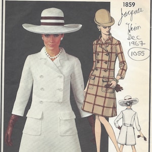 May include: Vintage Vogue Paris Original sewing pattern. The image shows a woman in a white double-breasted coat and skirt, a wide-brimmed hat, and brown gloves. A plaid dress and a sketch of a white dress are also shown. The text reads "Vogue Paris Original".