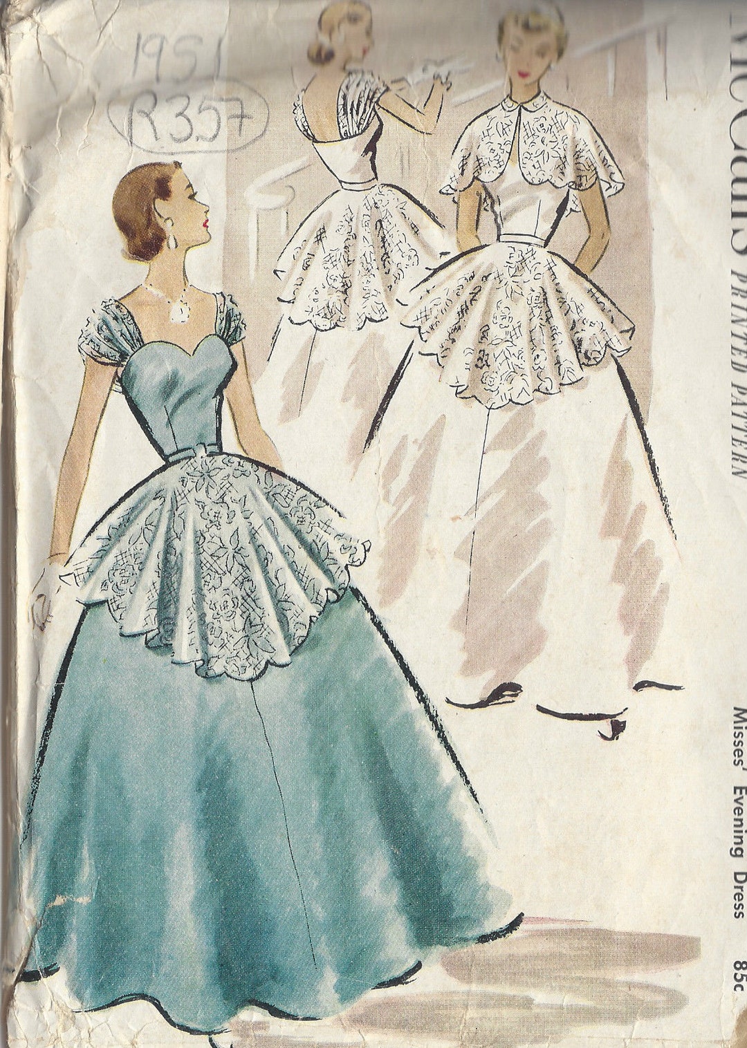 1951 Vintage Sewing Pattern B34 EVENING Dress/ballgown & CAPE R357 ...