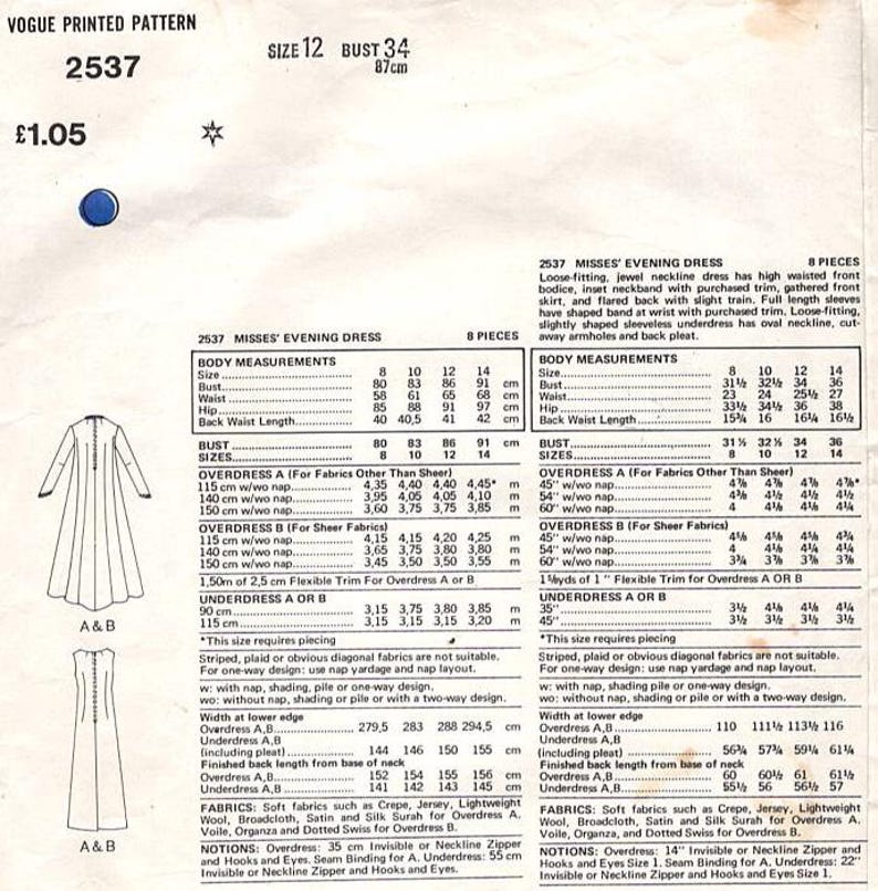 Patron De Robe Vogue Couture 1971 - Motif B32 - Fabiani Italie - Taille 1.3cm - Robe De Soirée Non Découpée