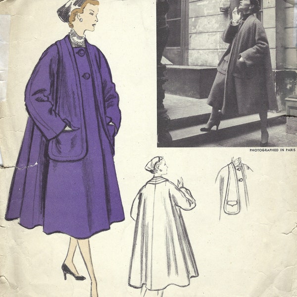 1957 Vintage VOGUE Sewing Pattern COAT Medium B32″ – 34″ (1832)  Schiaparelli VOGUE 1175
