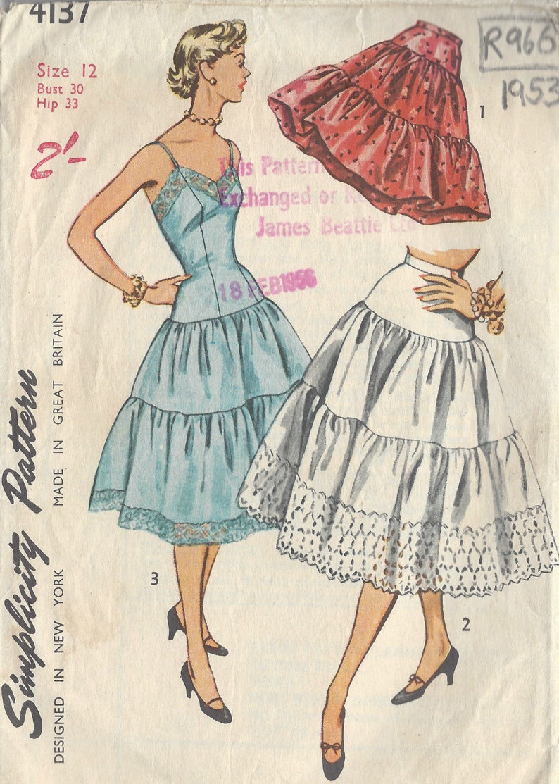 1953 Vintage Sewing Pattern B30 W25 PETTICOAT & SLIP (R966) by ...