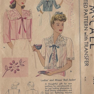 1942 Vintage Sewing Pattern B34&quot;-36&quot; BEDJACKET & EMBROIDERY TRANSFER (R457)   McCall 1018
