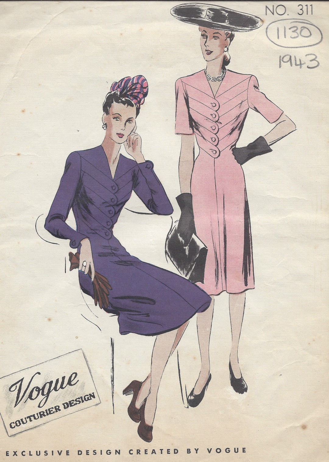 1943 WW2 Vintage VOGUE Sewing Pattern B30 DRESS (1130) Vogue