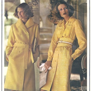May include: Two women modeling yellow dresses. The woman on the left is wearing a long, double-breasted coat with a belt. The woman on the right is wearing a shorter dress with a white belt. Both dresses have a textured pattern. The image includes the text "Vogue Paris Original" and "Christian Dior".