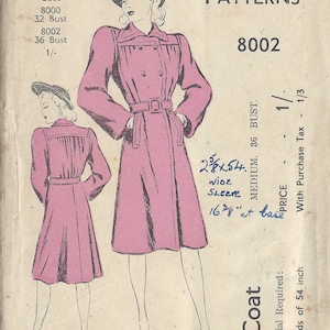1940s WW2 Vintage Sewing Pattern B36 COAT (1082)   Blackmore 8002