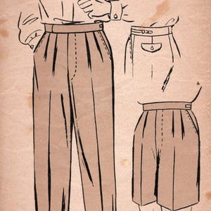 May include: Vintage sewing pattern illustration for slacks and shorts. The image shows a line drawing of a pair of slacks and shorts with a waist measurement of 43 inches. The pattern is labeled "Weldons 1376".