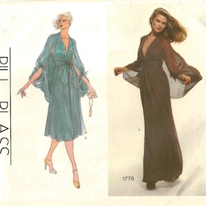 Può includere: Un cartamodello per un abito lungo e fluido con scollatura profonda e maniche lunghe. Il cartamodello è di Bill Blass ed è per il cartamodello Vogue American Designer numero 1775.
