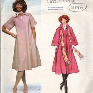 May include: Vintage sewing pattern for a dress by Chloé, circa 1975. The pattern includes two styles: a pink dress with a collar and a pink dress with a scarf. The pattern number is 2176.
