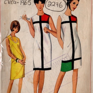May include: Vintage Simplicity sewing pattern number 6384 for a sleeveless dress with a geometric design. The pattern is from 1965 and is for size 16, bust 36 inches. The pattern includes instructions for making the dress and a diagram of the pattern pieces.