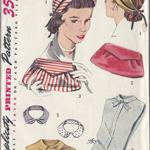 May include: A vintage Simplicity sewing pattern for a hat, purse, and collar. The pattern includes instructions for making a red and white striped hat, a red purse, and three different collars: a striped collar, a polka dot collar, and a solid yellow collar. The pattern is printed on a white background with black text. The pattern number is 4195 and the price is 35 cents.