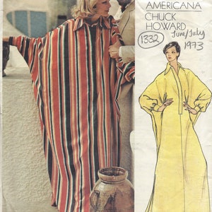 May include: A vintage sewing pattern for a long, striped shirt dress. The pattern is from Vogue Americana, designed by Chuck Howard, and is dated June/July 1973. The pattern number is 1332.