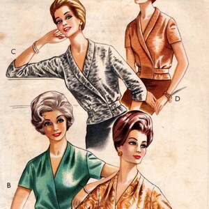 May include: A vintage sewing pattern for a wrap top with a V-neckline and three-quarter sleeves. The pattern is for a size 40 bust and is from the early 1960s. The pattern is called "Style Print 2015".