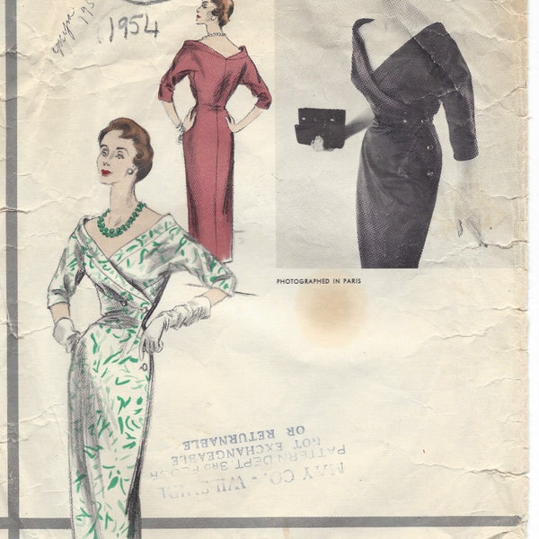 1954 Vintage VOGUE Sewing Pattern DRESS B30 (1264) By Schiaparelli   Vogue 1256