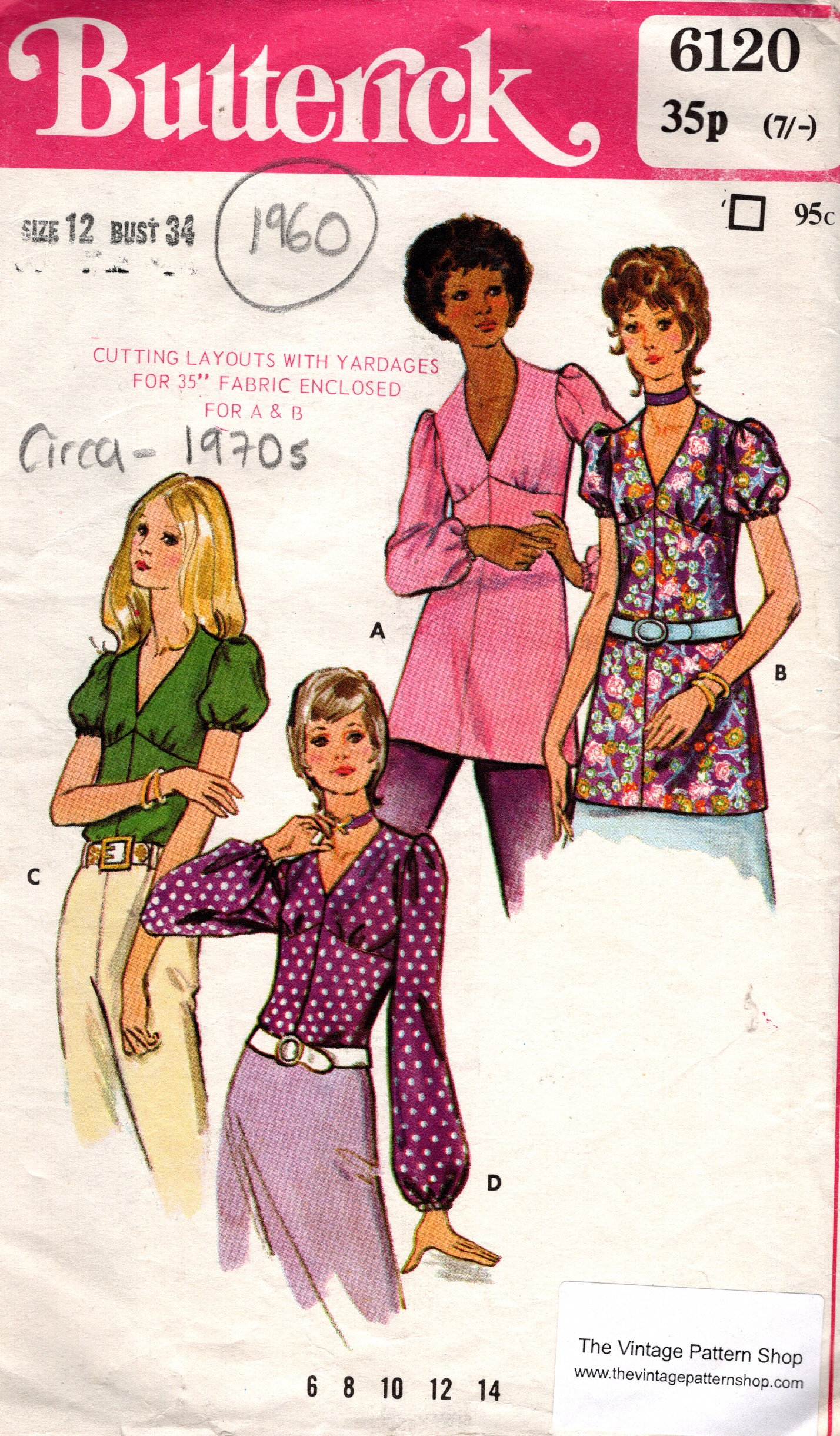 Patron Couture Vintage Butterick 6120 Années 70 - Chemisier Motif - Pièces Non Découpées